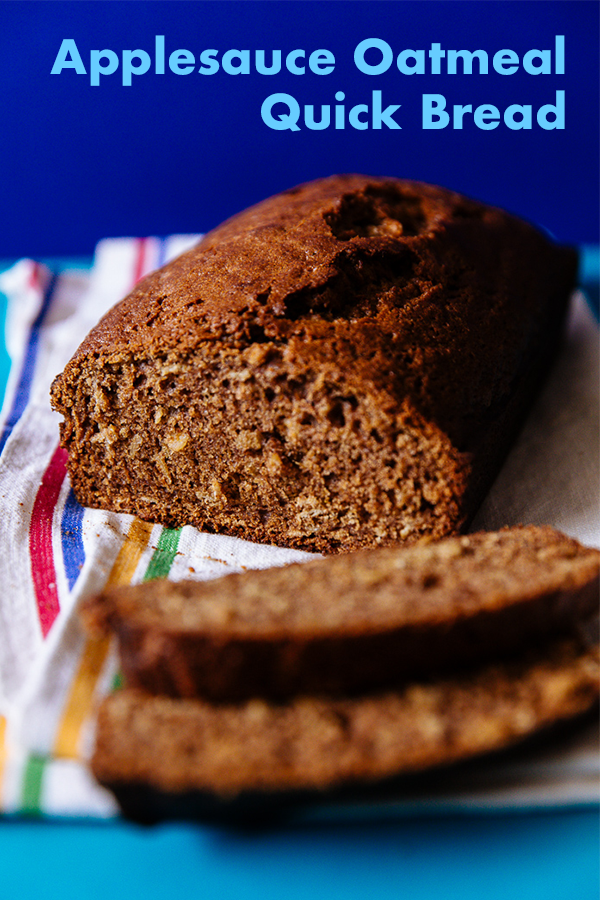 This supremely simple quick bread comes together in minutes and gets eaten almost as fast in my house! It's lovely and sweet and moist from the applesauce and has a heartiness and fab texture from the oatmeal.